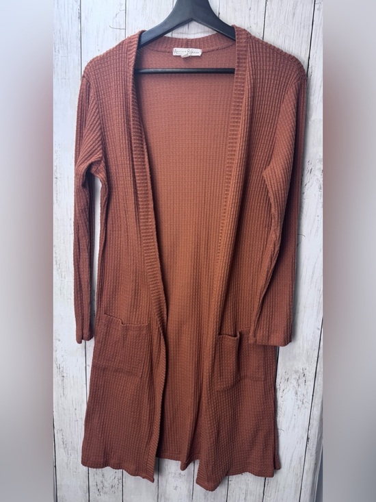 Another Reason Sweaters - Long Open-Front Waffle Knit Cardigan Sweater - Rust size Small